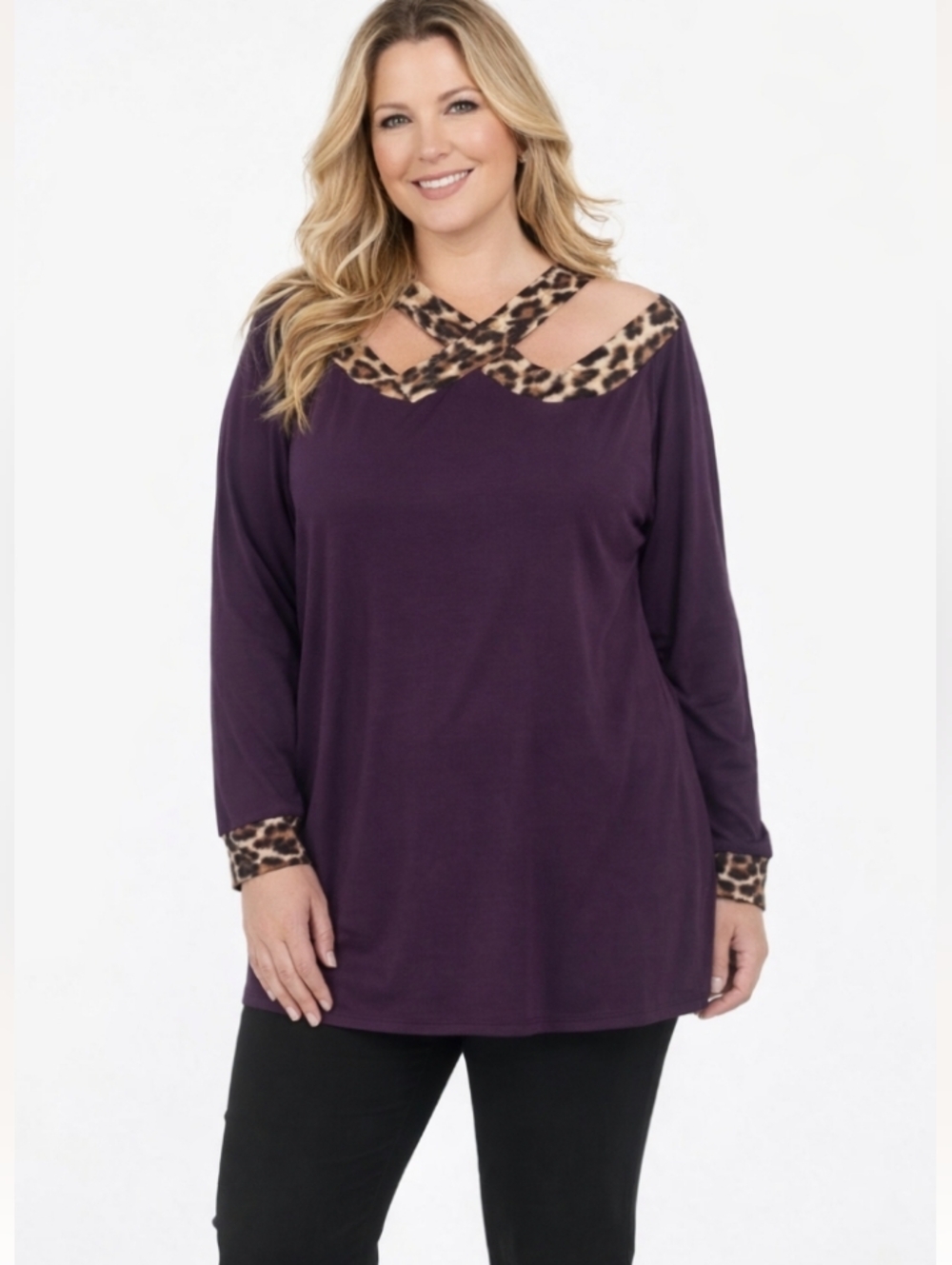 Like New! Sexy Cold Shoulder Top (XL) Purple with Leapard Print Stripes